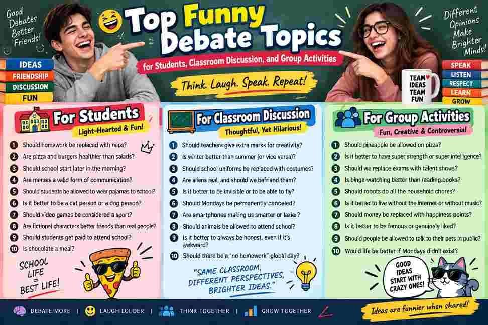 Top funny debate topics for students, classroom discussion, and group activities